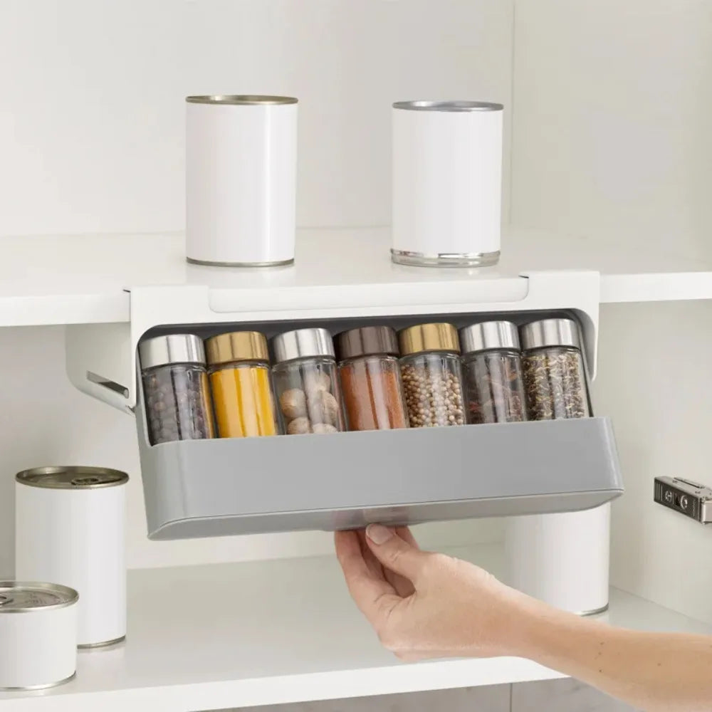 Under-Shelf Spice Rack Organizer with 6 Jars | Self-Adhesive Pull-Out Kitchen Seasoning Storage