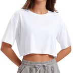 Women’s White Crop Top – Casual Round Neck Short Sleeve Summer Tee