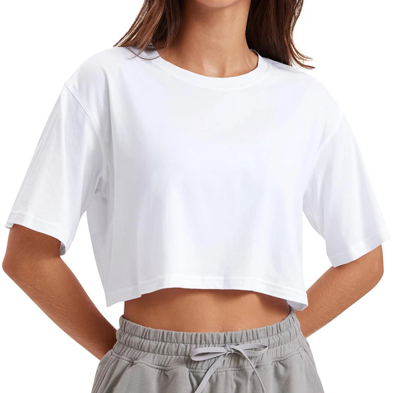 Women’s White Crop Top – Casual Round Neck Short Sleeve Summer Tee