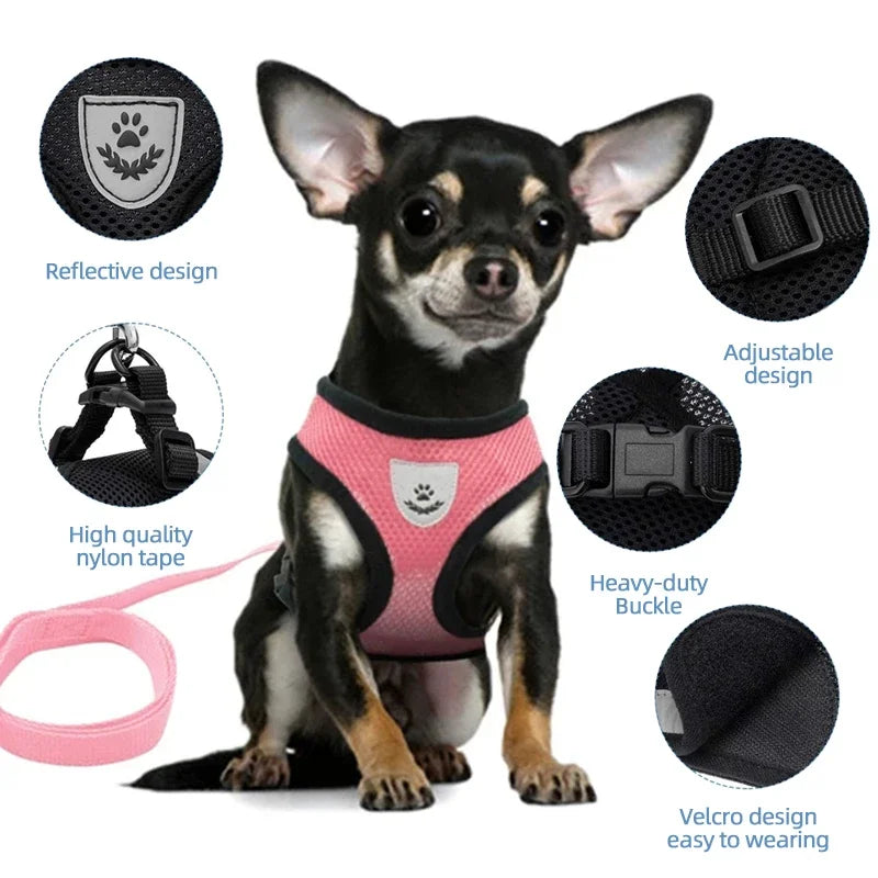 Adjustable Dog Harness with Leash – Soft, Breathable Mesh Vest for Small Dogs & Cats – Reflective & Comfortable