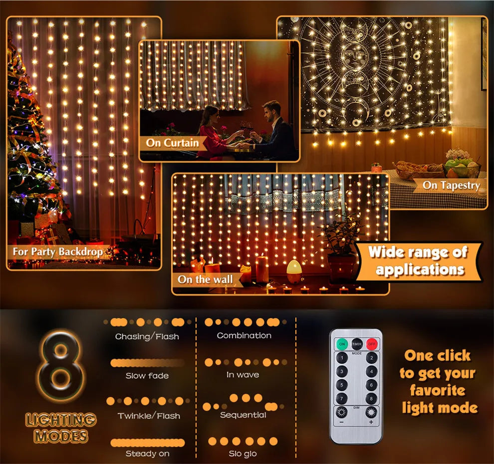 LED Copper Wire Curtain Lights – 8 Modes Remote Control for Christmas, New Year & Holiday Decor