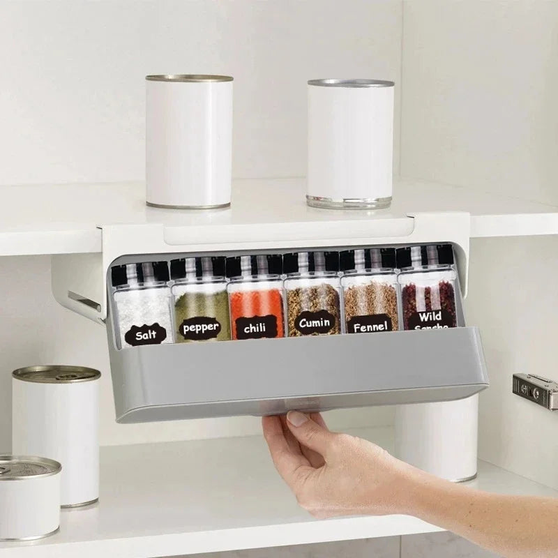 Under-Shelf Spice Rack Organizer with 6 Jars | Self-Adhesive Pull-Out Kitchen Seasoning Storage