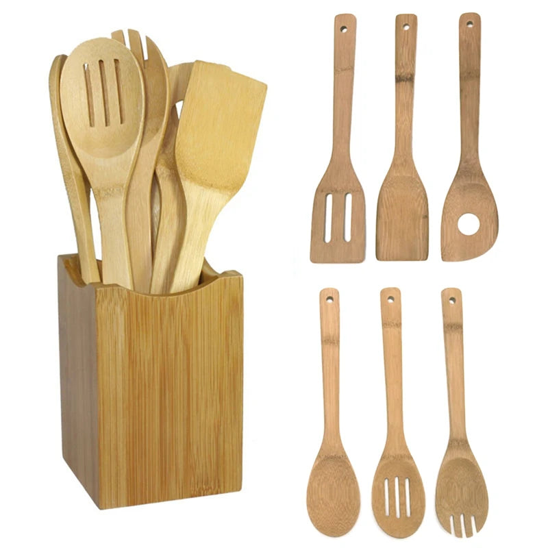Bamboo Spoon Spatula Kitchen Utensil Wooden Cooking Tool Mixing Set