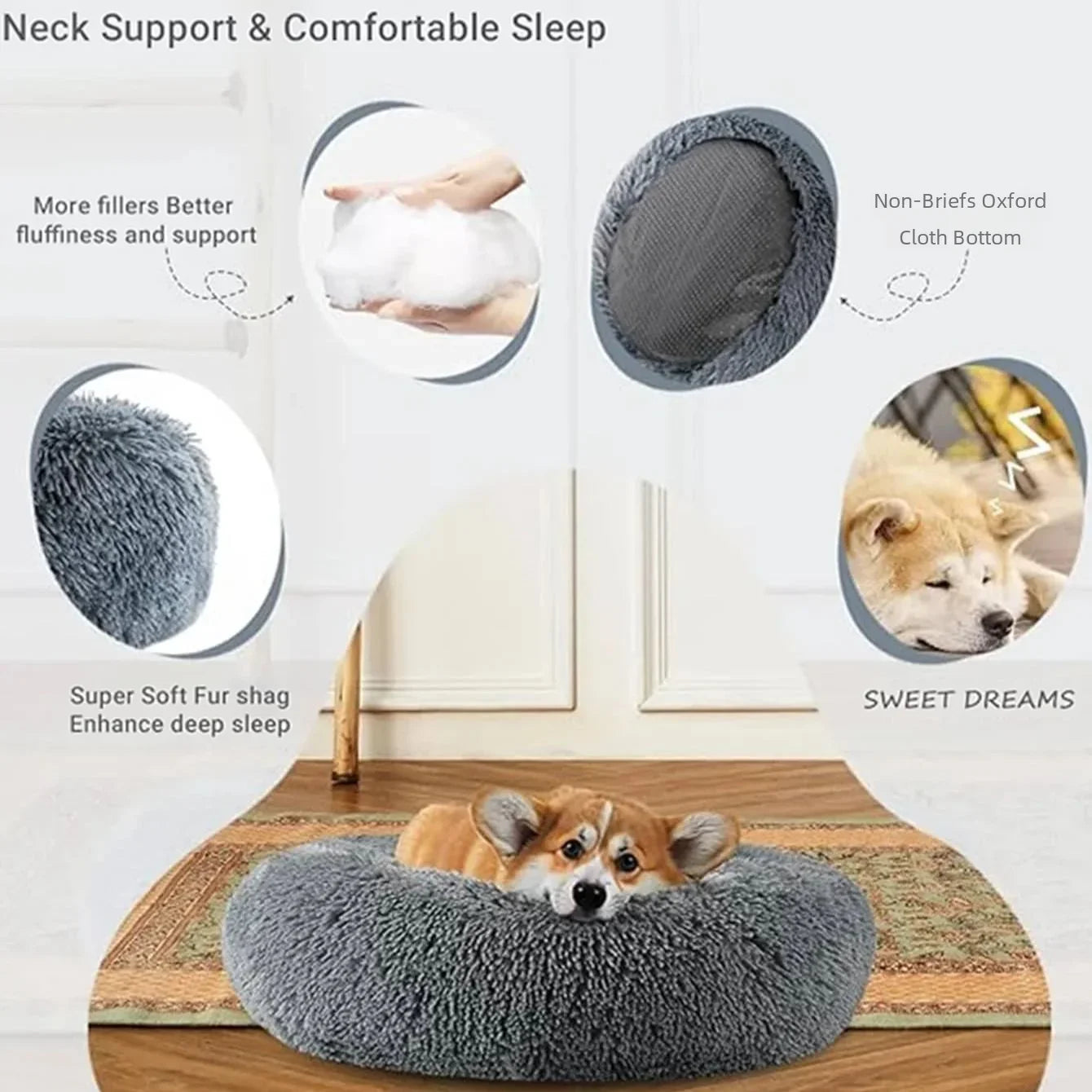 Super Soft Plush Pet Bed – Round Dog & Cat Bed (40–90cm, Warm & Calming)