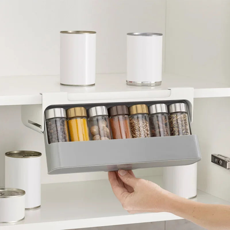 Under-Shelf Spice Rack Organizer with 6 Jars | Self-Adhesive Pull-Out Kitchen Seasoning Storage