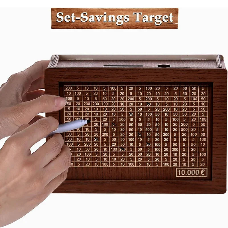 Wooden Piggy Bank Savings Box – Reusable Money Vault for Adults & Children, Money Challenge Box for Cash Storage