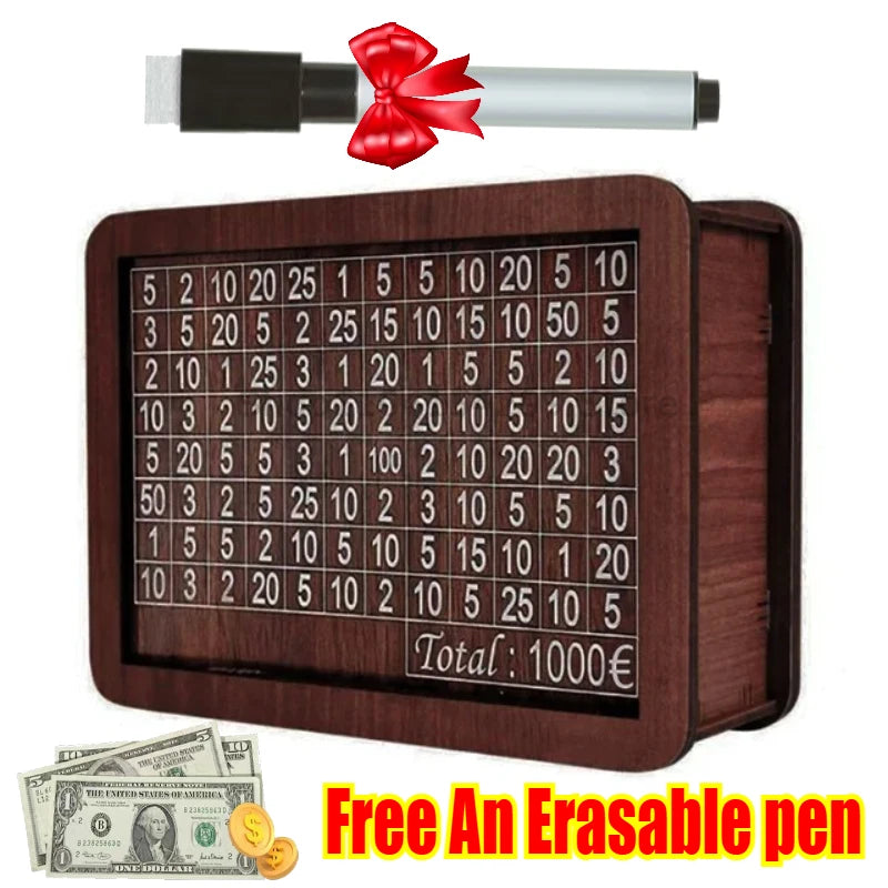 Wooden Piggy Bank Savings Box – Reusable Money Vault for Adults & Children, Money Challenge Box for Cash Storage