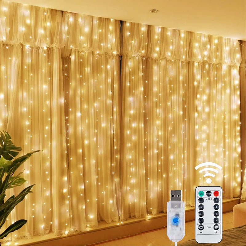 LED Copper Wire Curtain Lights – 8 Modes Remote Control for Christmas, New Year & Holiday Decor