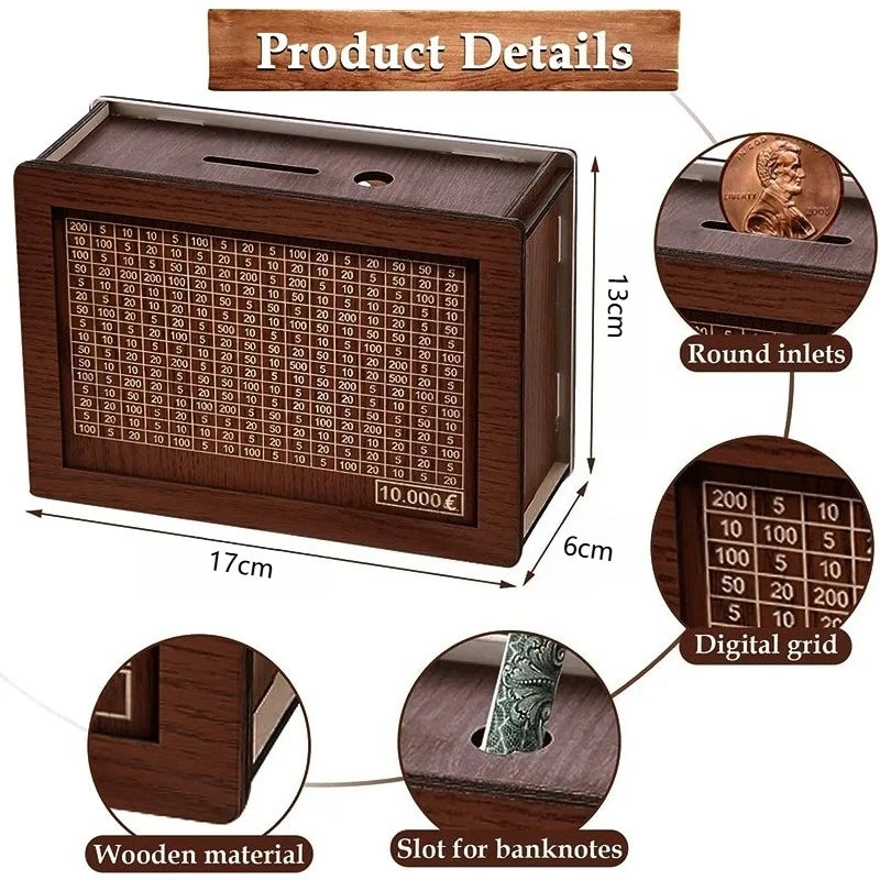 Wooden Piggy Bank Savings Box – Reusable Money Vault for Adults & Children, Money Challenge Box for Cash Storage