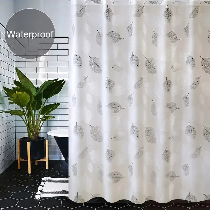 PEVA Waterproof Shower Curtain with Hooks – Leaf Pattern, Anti-Mildew, Rustproof Grommets for Bathroom