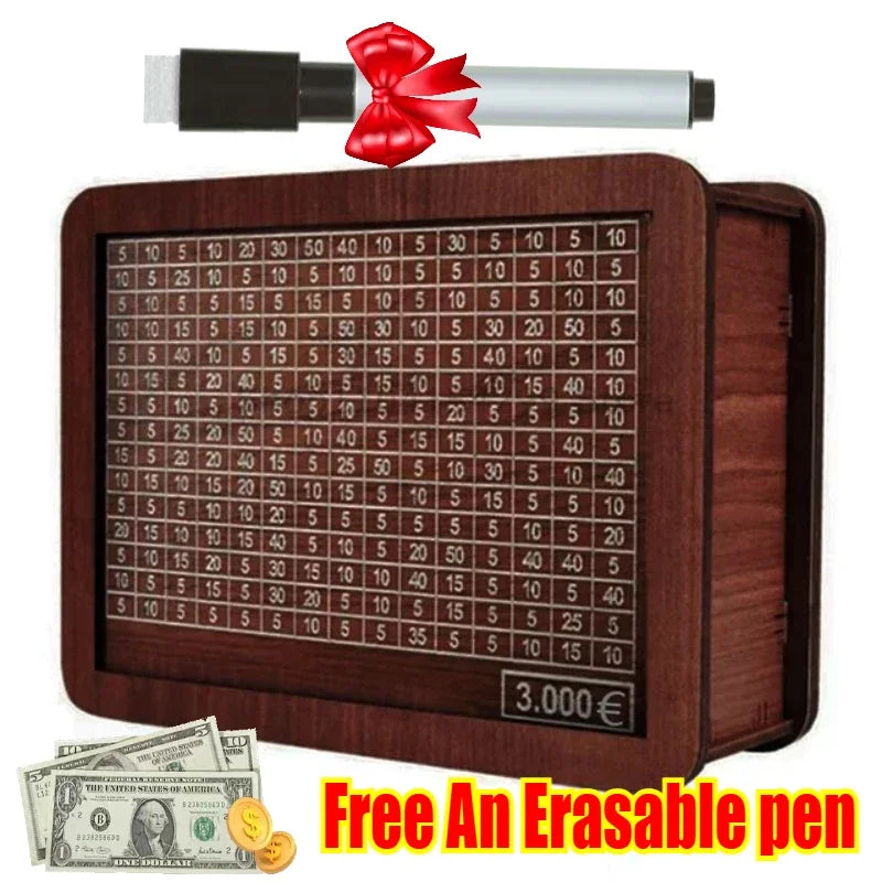 Wooden Piggy Bank Savings Box – Reusable Money Vault for Adults & Children, Money Challenge Box for Cash Storage