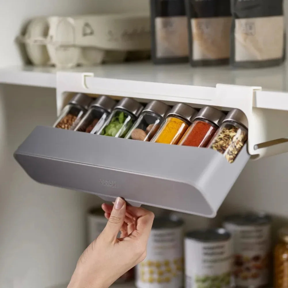Under-Shelf Spice Rack Organizer with 6 Jars | Self-Adhesive Pull-Out Kitchen Seasoning Storage
