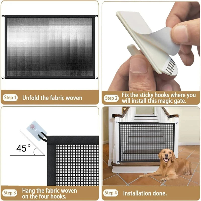 Folding Mesh Pet Dog Barrier Fence – 4Pcs Hook Playpen Gate for Pet Safety