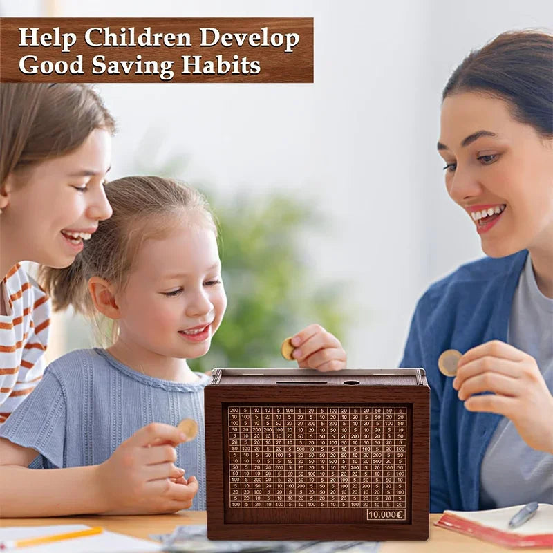 Wooden Piggy Bank Savings Box – Reusable Money Vault for Adults & Children, Money Challenge Box for Cash Storage