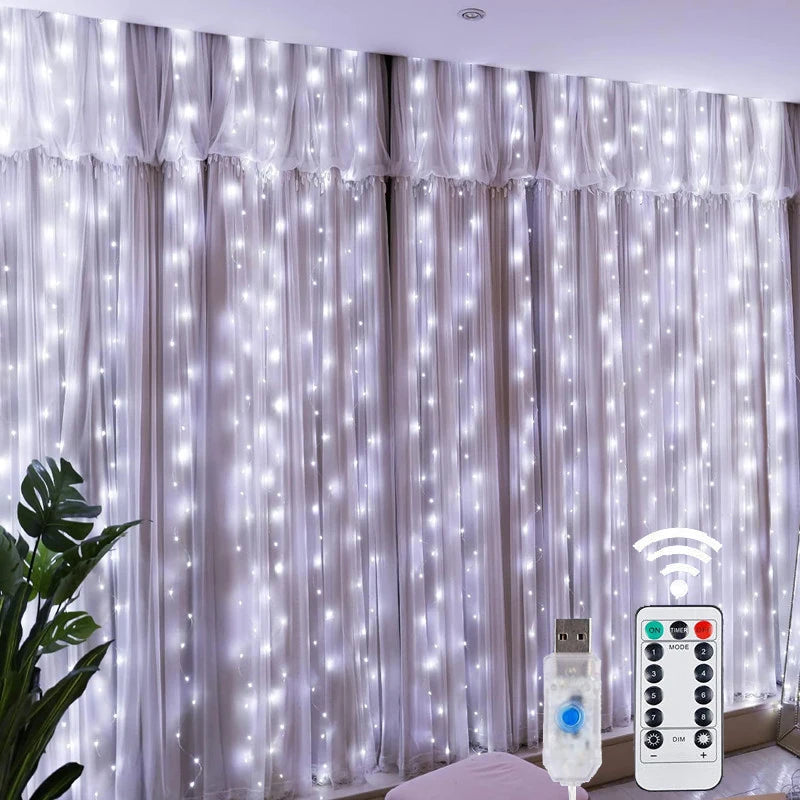 LED Copper Wire Curtain Lights – 8 Modes Remote Control for Christmas, New Year & Holiday Decor