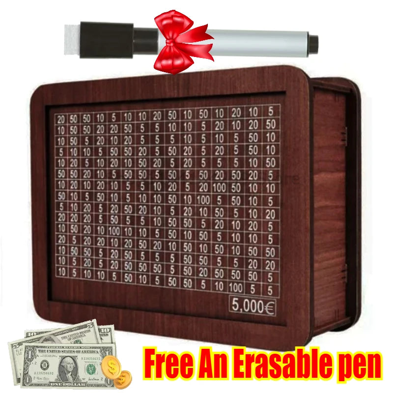 Wooden Piggy Bank Savings Box – Reusable Money Vault for Adults & Children, Money Challenge Box for Cash Storage