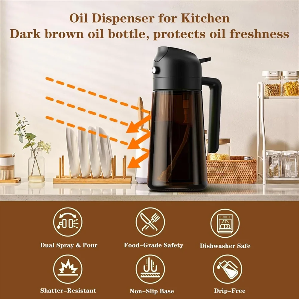 2-in-1 Glass Oil Dispenser & Sprayer | 470ml Olive Oil Bottle for Cooking, Air Fryer, BBQ & Salad